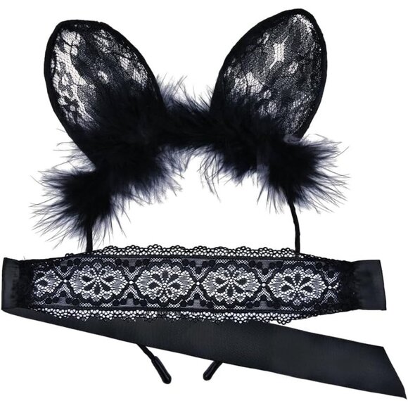 Black Cat Ears Headband Lace Eye Mask Sexy Blindfold Hairbands Festival Costume - Picture 1 of 7
